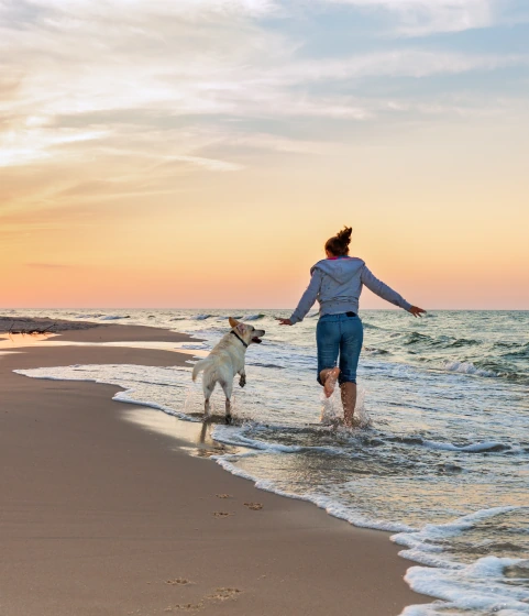 Woman and dog running on the beach