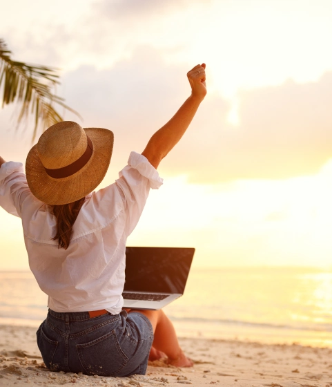 Woman working in front of the sun